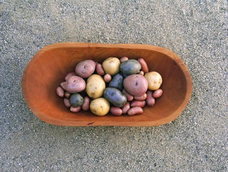 Potatoes in various sizes and colors. Wooden container with various sizes and colors of potatoes.